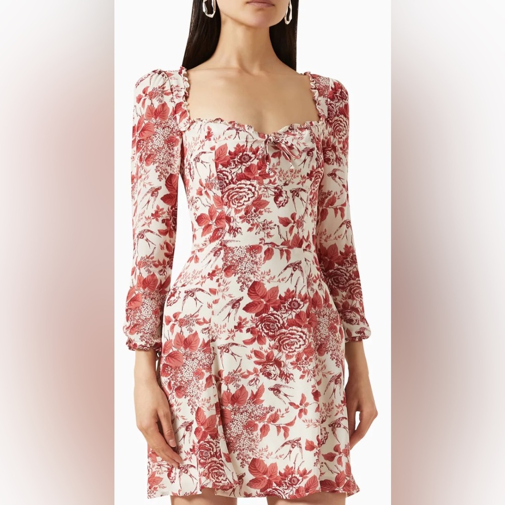 Reformation Red and Cream Floral Long Sleeve Dress